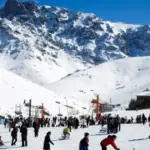 Skiers on the snow-covered slopes of Oukaimeden in Morocco's Atlas Mountains