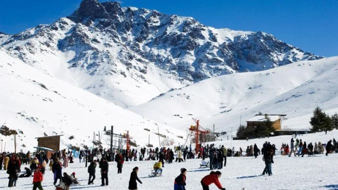 Skiers on the snow-covered slopes of Oukaimeden in Morocco's Atlas Mountains