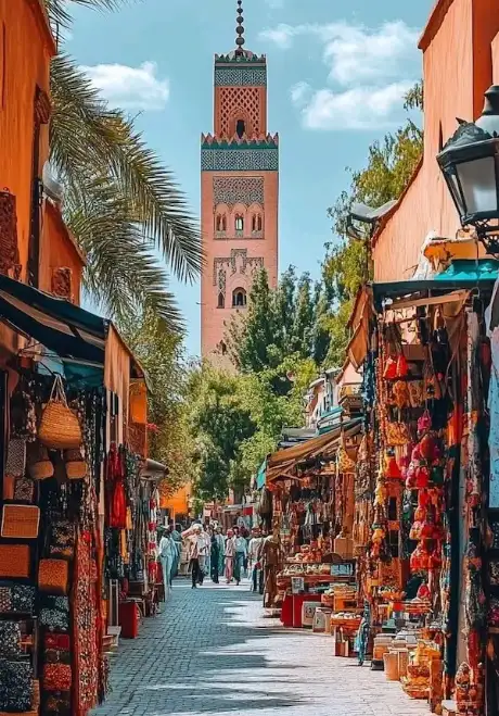 Souk stalls and the Koutoubia minaret in Marrakech, one reason to visit Morocco