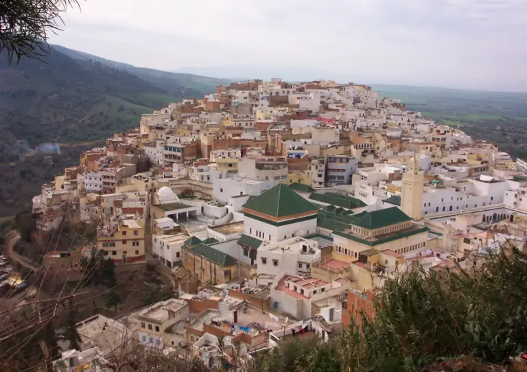 White and green houses of the hill town Moulay Idriss Zerhoun near Meknes
