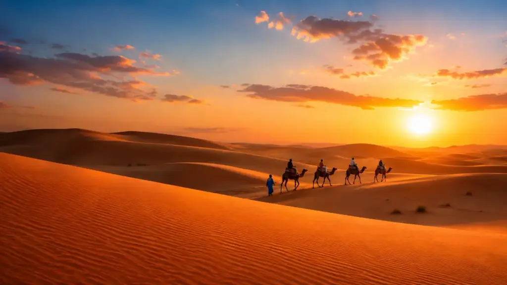 camel caravan at sunset, a highlight of morocco travel
Good Time to Go to Morocco