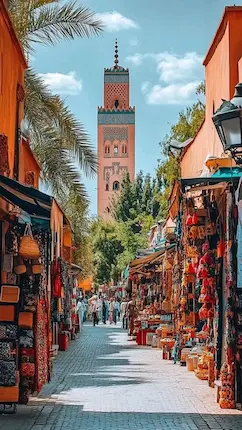 Souk stalls and the Koutoubia minaret in Marrakech, one reason to visit Morocco travel